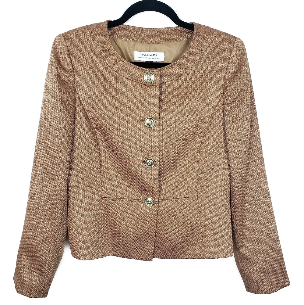 TAHARI ASL Gold Woven Tweed Button Down Blazer 6